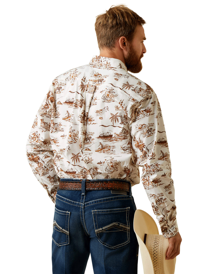 Ariat 10044020 Mens Wrinkle Resist Paniolo Western Aloha Stretch Classic Fit Shirt Sand front view. If you need any assistance with this item or the purchase of this item please call us at five six one seven four eight eight eight zero one Monday through Saturday 10:00a.m EST to 8:00 p.m EST