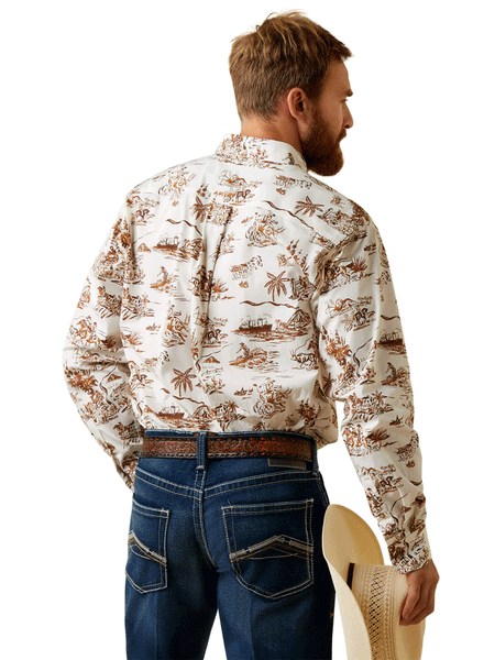 Ariat 10044020 Mens Wrinkle Resist Paniolo Western Aloha Stretch Classic Fit Shirt Sand back view. If you need any assistance with this item or the purchase of this item please call us at five six one seven four eight eight eight zero one Monday through Saturday 10:00a.m EST to 8:00 p.m EST