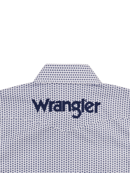 Wrangler 112317215 Kids Long Sleeve Logo Western Shirt White/Blue back logo close up. If you need any assistance with this item or the purchase of this item please call us at five six one seven four eight eight eight zero one Monday through Saturday 10:00a.m EST to 8:00 p.m EST