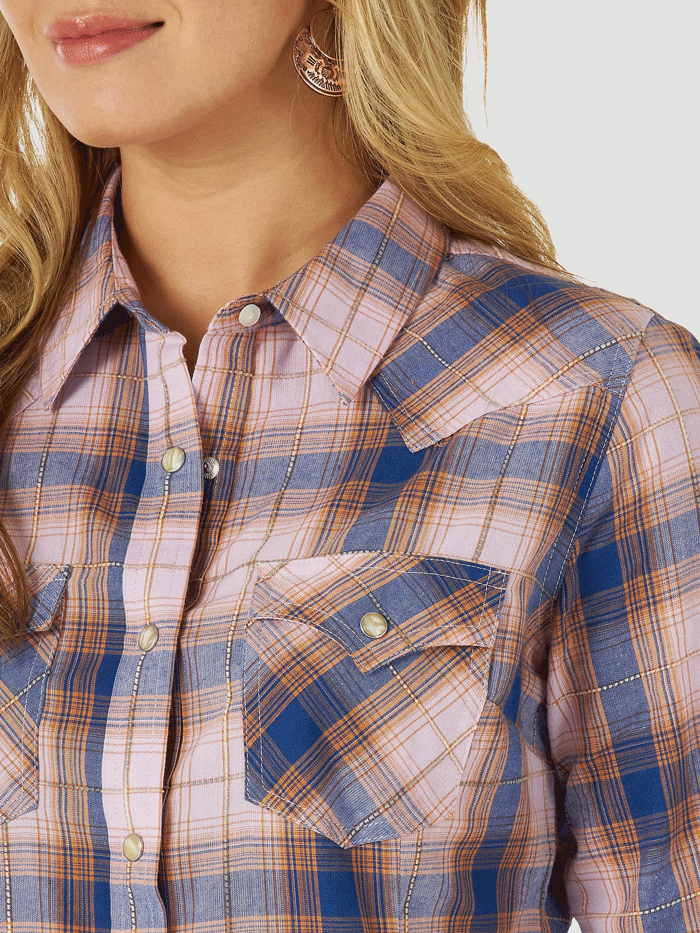 Wrangler 112317285 Womens Long Sleeve Retro Plaid Western Shirt Purple front view. If you need any assistance with this item or the purchase of this item please call us at five six one seven four eight eight eight zero one Monday through Saturday 10:00a.m EST to 8:00 p.m EST