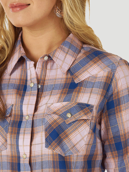 Wrangler 112317285 Womens Long Sleeve Retro Plaid Western Shirt Purple front pocket close up. If you need any assistance with this item or the purchase of this item please call us at five six one seven four eight eight eight zero one Monday through Saturday 10:00a.m EST to 8:00 p.m EST