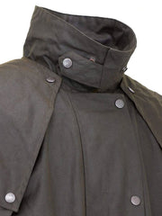 Outback Trading Company 2042-BRN Oilskin Low Rider Duster Brown close up view of collar. If you need any assistance with this item or the purchase of this item please call us at five six one seven four eight eight eight zero one Monday through Saturday 10:00a.m EST to 8:00 p.m EST