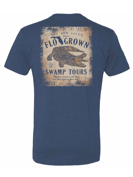 FloGrown FGM-1545 Swamp Tours Tee Heather Navy back view. If you need any assistance with this item or the purchase of this item please call us at five six one seven four eight eight eight zero one Monday through Saturday 10:00a.m EST to 8:00 p.m EST