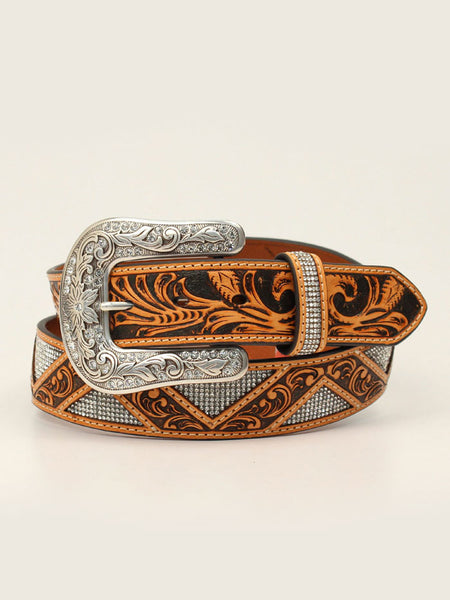 Angel Ranch D140002808 Ladies Zig Zag Stones Floral Tooled Belt Tan front view. If you need any assistance with this item or the purchase of this item please call us at five six one seven four eight eight eight zero one Monday through Saturday 10:00a.m EST to 8:00 p.m EST