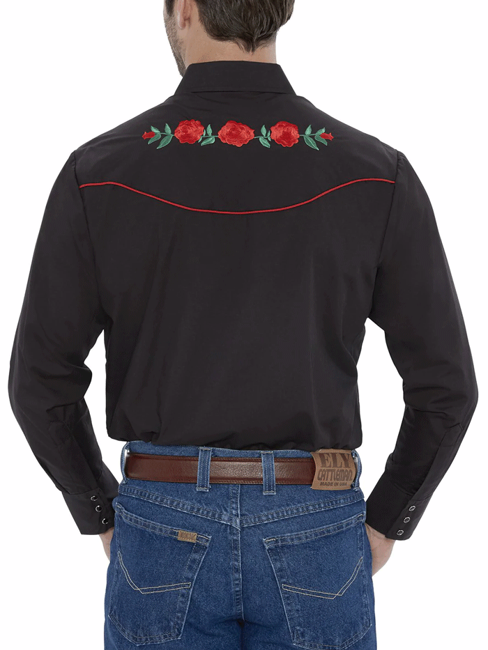 Ely Cattleman 15203901-88 Mens Rose Embroidery Long Sleeve Western Shirt Black front view tucked in. If you need any assistance with this item or the purchase of this item please call us at five six one seven four eight eight eight zero one Monday through Saturday 10:00a.m EST to 8:00 p.m EST