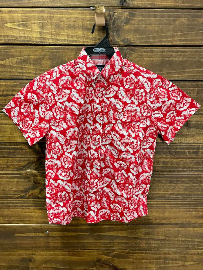 Panhandle C1D3176 Kids Boys Floral Short Sleeve Button Shirts Red front view on model