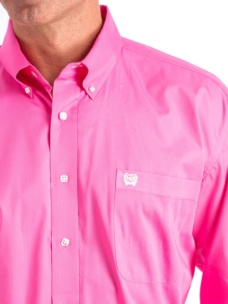 Cinch MTW1103320 Mens Long Sleeve Button Down Western Shirt Solid Pink front close up. If you need any assistance with this item or the purchase of this item please call us at five six one seven four eight eight eight zero one Monday through Saturday 10:00a.m EST to 8:00 p.m EST