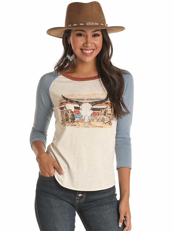 Rock & Roll Cowgirl 48T1160 Juniors 3/4 Sleeves Skull Graphic Tee Natural front