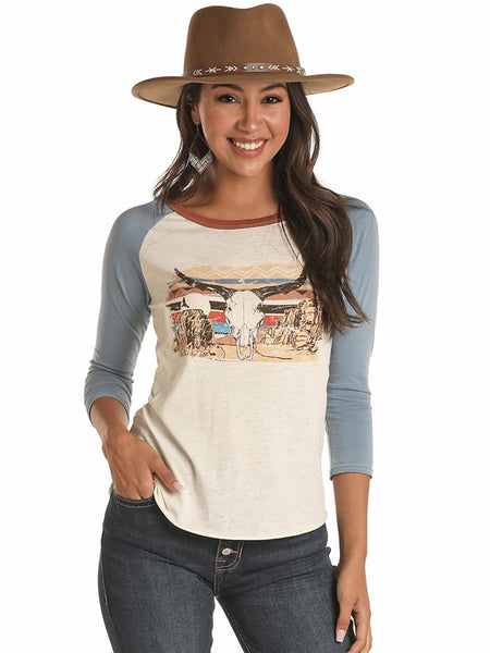 Rock & Roll Cowgirl 48T1160 Juniors 3/4 Sleeves Skull Graphic Tee Natural front. If you need any assistance with this item or the purchase of this item please call us at five six one seven four eight eight eight zero one Monday through Saturday 10:00a.m EST to 8:00 p.m EST