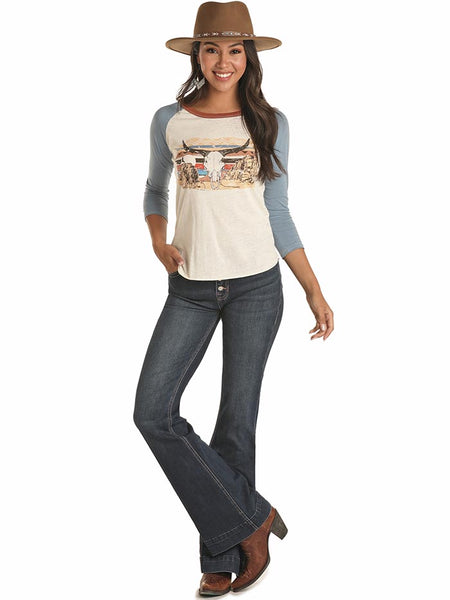 Rock & Roll Cowgirl 48T1160 Juniors 3/4 Sleeves Skull Graphic Tee Natural standing. If you need any assistance with this item or the purchase of this item please call us at five six one seven four eight eight eight zero one Monday through Saturday 10:00a.m EST to 8:00 p.m EST