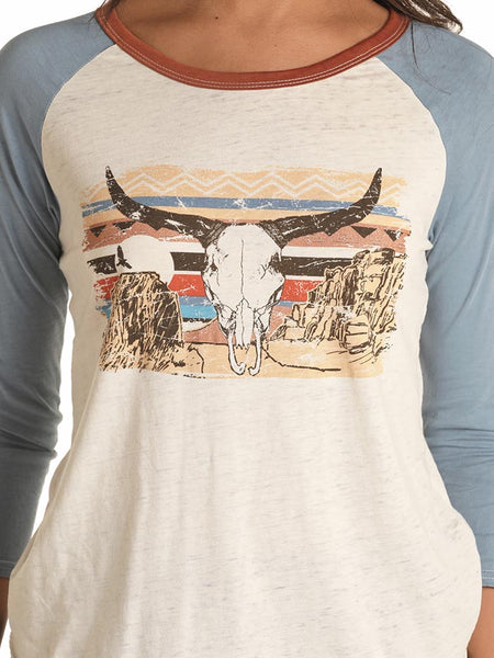 Rock & Roll Cowgirl 48T1160 Juniors 3/4 Sleeves Skull Graphic Tee Natural close up.If you need any assistance with this item or the purchase of this item please call us at five six one seven four eight eight eight zero one Monday through Saturday 10:00a.m EST to 8:00 p.m EST
