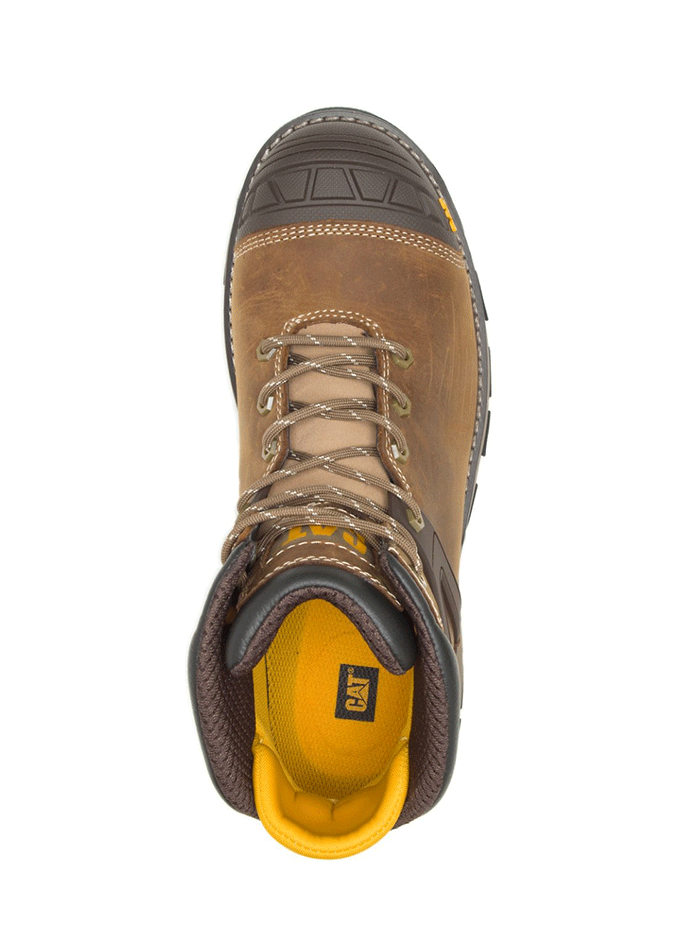 Caterpillar P91218 Mens Excavator Superlite Waterproof Carbon Composite Toe Work Boot Dark Beige front-side view. If you need any assistance with this item or the purchase of this item please call us at five six one seven four eight eight eight zero one Monday through Saturday 10:00a.m EST to 8:00 p.m EST