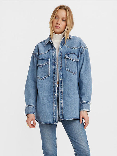 Levi's A33730004 Womens Dylan Oversize Western Z3375 Indigo Stonewash front view. If you need any assistance with this item or the purchase of this item please call us at five six one seven four eight eight eight zero one Monday through Saturday 10:00a.m EST to 8:00 p.m EST