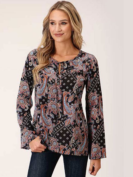 Roper 03-050-0590-1033 Womens Boho Paisley Print Poly Crepe Blouse Black front view. If you need any assistance with this item or the purchase of this item please call us at five six one seven four eight eight eight zero one Monday through Saturday 10:00a.m EST to 8:00 p.m EST