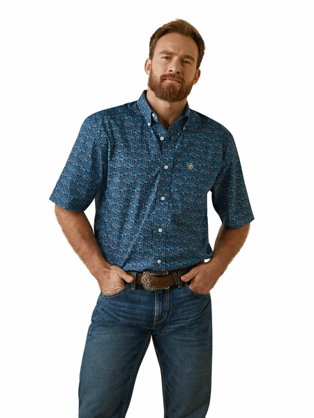 Ariat 10044886 Mens Wrinkle Free Emmitt Short Sleeve Shirt Dark Indigo front view. If you need any assistance with this item or the purchase of this item please call us at five six one seven four eight eight eight zero one Monday through Saturday 10:00a.m EST to 8:00 p.m EST
