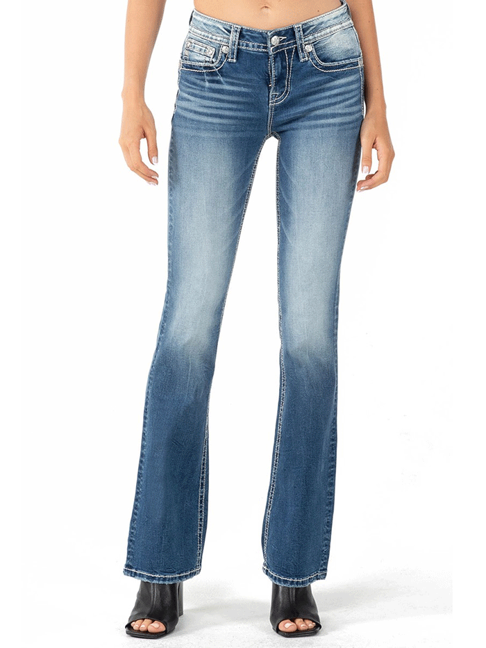 Miss Me M3857B Womens Mid-Rise Boot Jean Medium Blue back pocket detail. If you need any assistance with this item or the purchase of this item please call us at five six one seven four eight eight eight zero one Monday through Saturday 10:00a.m EST to 8:00 p.m EST