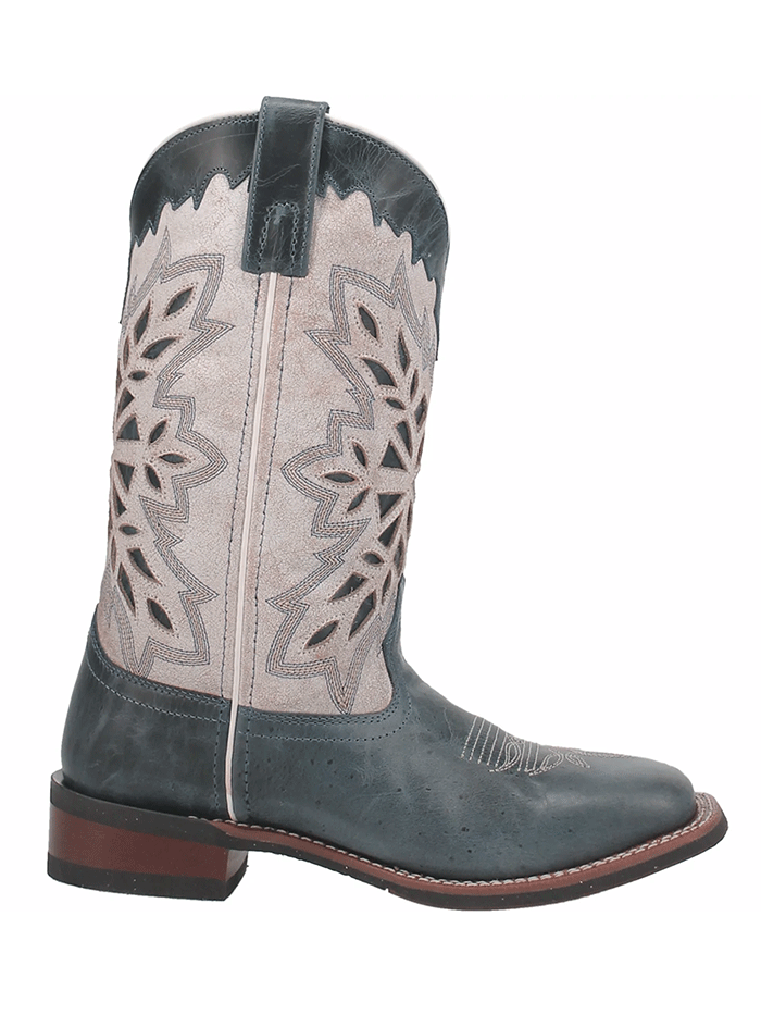Laredo 5880 Womens Dolly Square Toe Leather Boots Blue/White front-side view. If you need any assistance with this item or the purchase of this item please call us at five six one seven four eight eight eight zero one Monday through Saturday 10:00a.m EST to 8:00 p.m EST