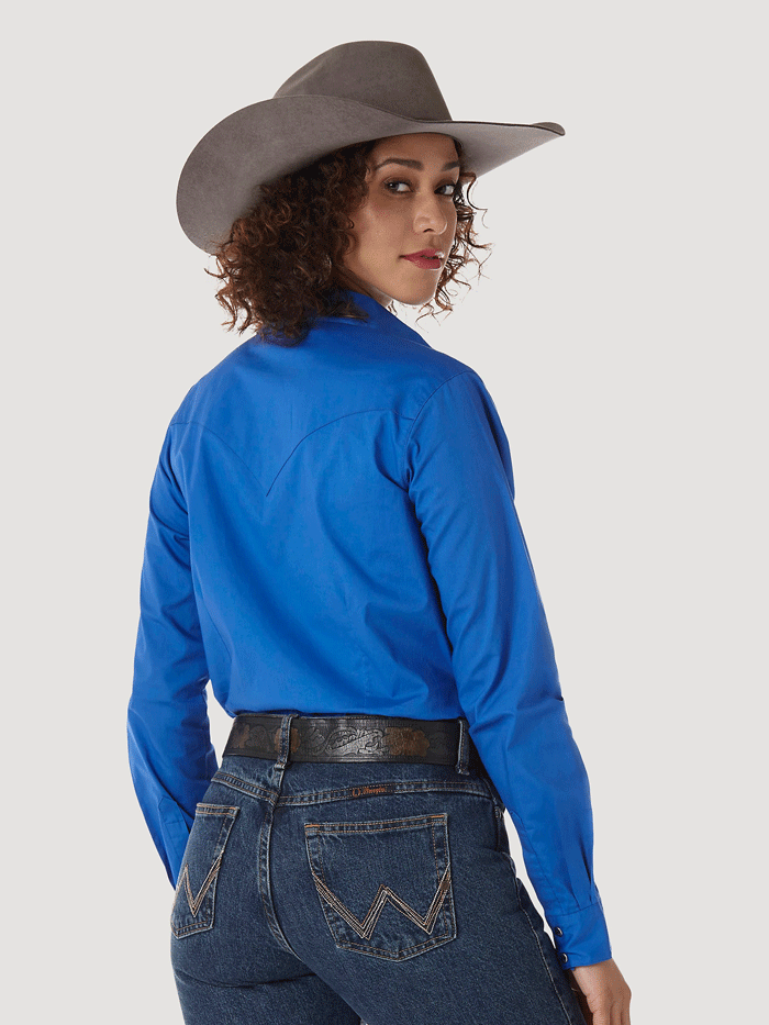 Wrangler LW1011B Ladies Western Long Sleeve Solid Shirt Royal Blue front view. If you need any assistance with this item or the purchase of this item please call us at five six one seven four eight eight eight zero one Monday through Saturday 10:00a.m EST to 8:00 p.m EST