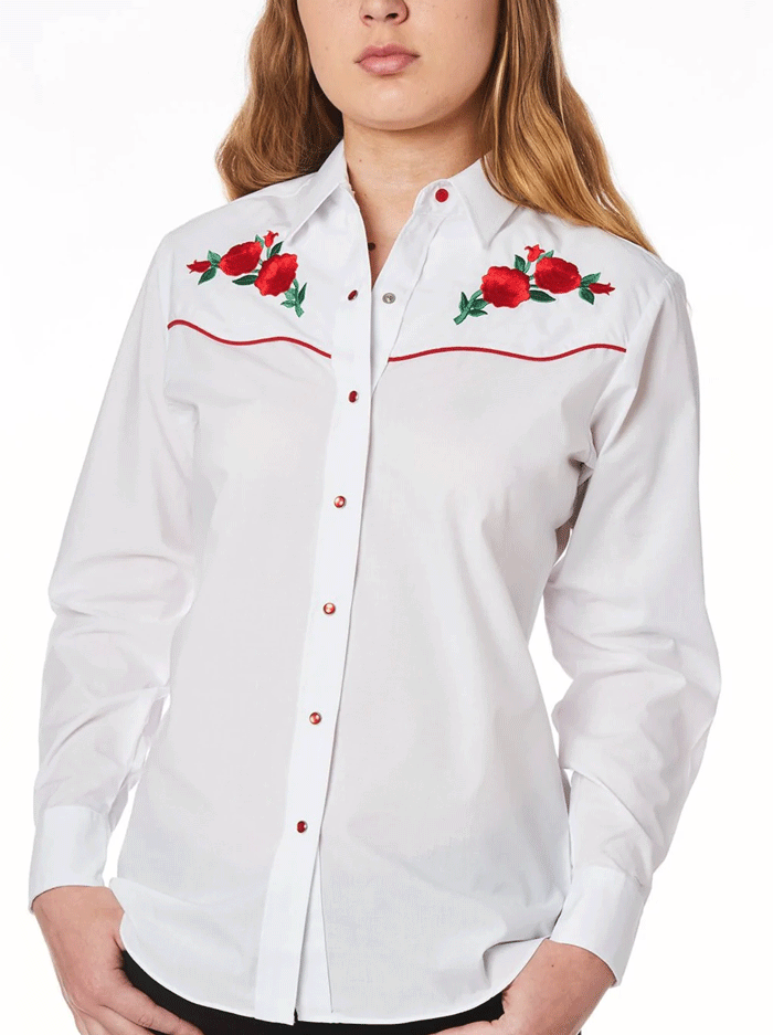 Ely Cattleman 15303801-06 Womens Red Rose Embroidery Long Sleeve Western Shirt White front view tucked in. If you need any assistance with this item or the purchase of this item please call us at five six one seven four eight eight eight zero one Monday through Saturday 10:00a.m EST to 8:00 p.m EST