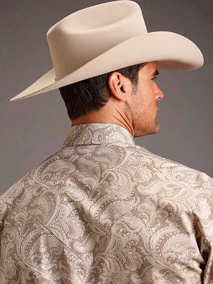 Stetson 11-001-0425-0375 Mens Khaki Plume Paisley Western Shirt Brown front view. If you need any assistance with this item or the purchase of this item please call us at five six one seven four eight eight eight zero one Monday through Saturday 10:00a.m EST to 8:00 p.m EST