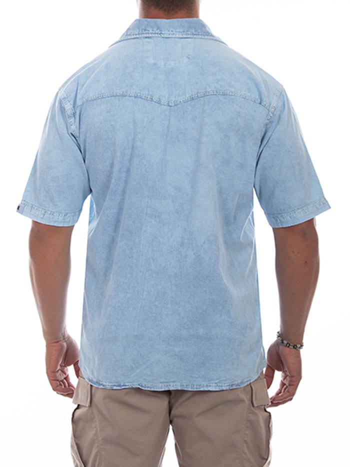 Scully 5202-DSB Mens Palm Embroidered Short Sleeve Shirt Distressed Sky Blue front view. If you need any assistance with this item or the purchase of this item please call us at five six one seven four eight eight eight zero one Monday through Saturday 10:00a.m EST to 8:00 p.m EST