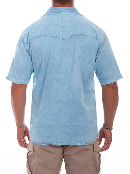 Scully 5202-DSB Mens Palm Embroidered Short Sleeve Shirt Distressed Sky Blue back view. If you need any assistance with this item or the purchase of this item please call us at five six one seven four eight eight eight zero one Monday through Saturday 10:00a.m EST to 8:00 p.m EST