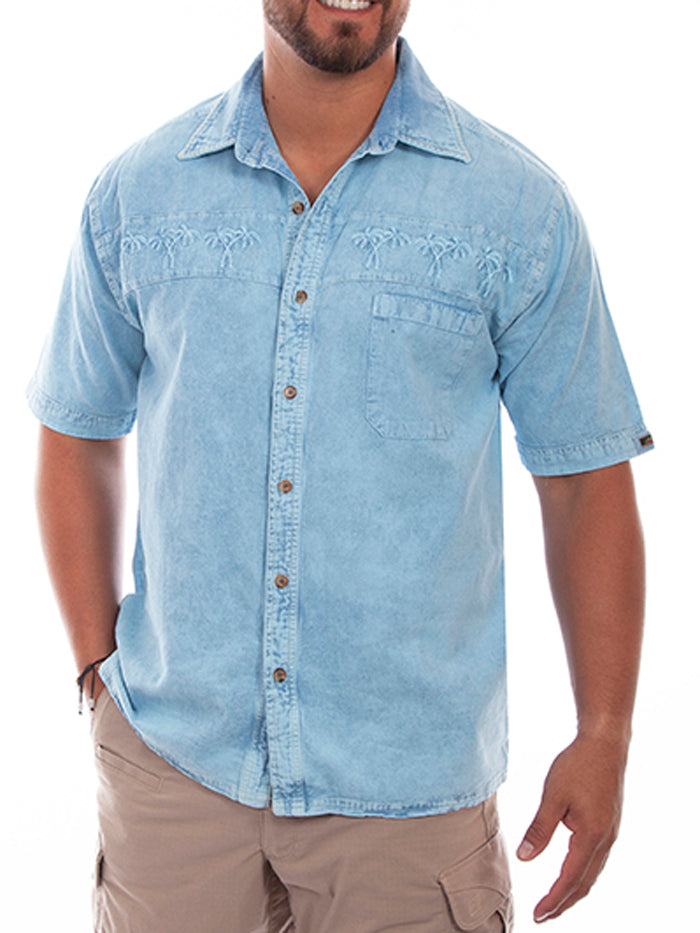 Scully 5202-DSB Mens Palm Embroidered Short Sleeve Shirt Distressed Sky Blue front view. If you need any assistance with this item or the purchase of this item please call us at five six one seven four eight eight eight zero one Monday through Saturday 10:00a.m EST to 8:00 p.m EST