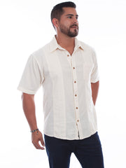 Scully 5218-IVD Mens Calypso Embroidery Short Sleeve Shirt Ivory Distressed front view. If you need any assistance with this item or the purchase of this item please call us at five six one seven four eight eight eight zero one Monday through Saturday 10:00a.m EST to 8:00 p.m EST