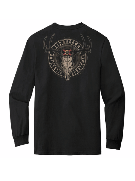 FloGrown FGM-3102 Deer Skull Badge Long Sleeve Tee Black back view. If you need any assistance with this item or the purchase of this item please call us at five six one seven four eight eight eight zero one Monday through Saturday 10:00a.m EST to 8:00 p.m EST