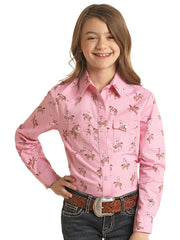 Panhandle WLGSOSR0MY Kids Long Sleeve Print Snap Shirt Pink front view