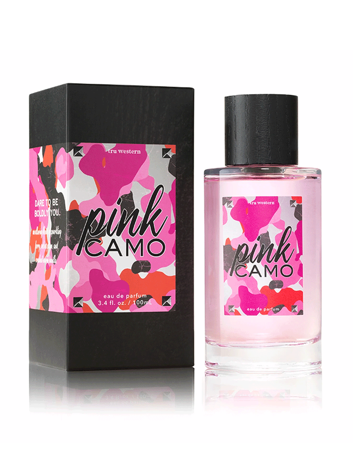 Tru Fragrance 94912 Womens Pink Camo Western Eau de Parfum front view of bottle and box. If you need any assistance with this item or the purchase of this item please call us at five six one seven four eight eight eight zero one Monday through Saturday 10:00a.m EST to 8:00 p.m EST