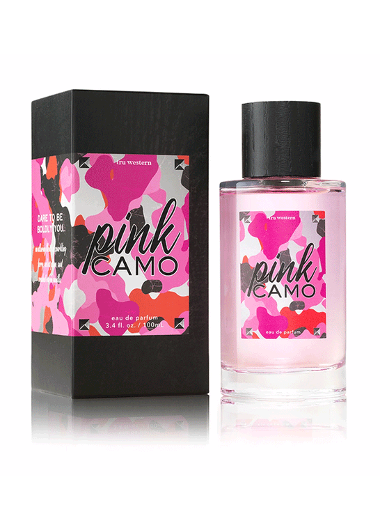 Tru Fragrance 94912 Womens Pink Camo Western Eau de Parfum front view of bottle and box. If you need any assistance with this item or the purchase of this item please call us at five six one seven four eight eight eight zero one Monday through Saturday 10:00a.m EST to 8:00 p.m EST