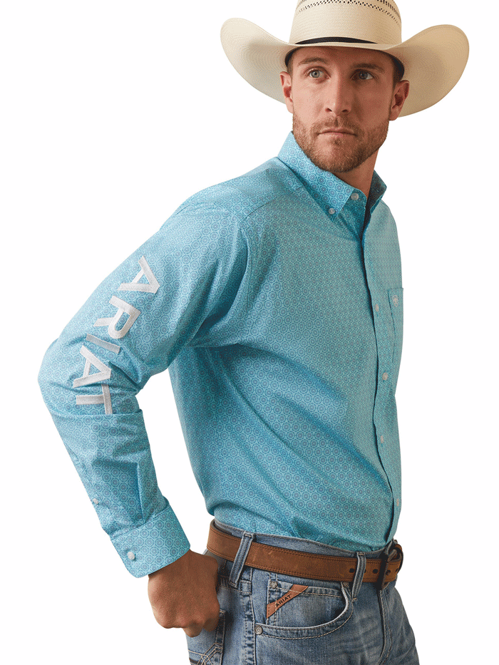 Ariat 10043727 Mens Team Caiden Classic Long Sleeve Shirt Gulf Stream Blue front view. If you need any assistance with this item or the purchase of this item please call us at five six one seven four eight eight eight zero one Monday through Saturday 10:00a.m EST to 8:00 p.m EST