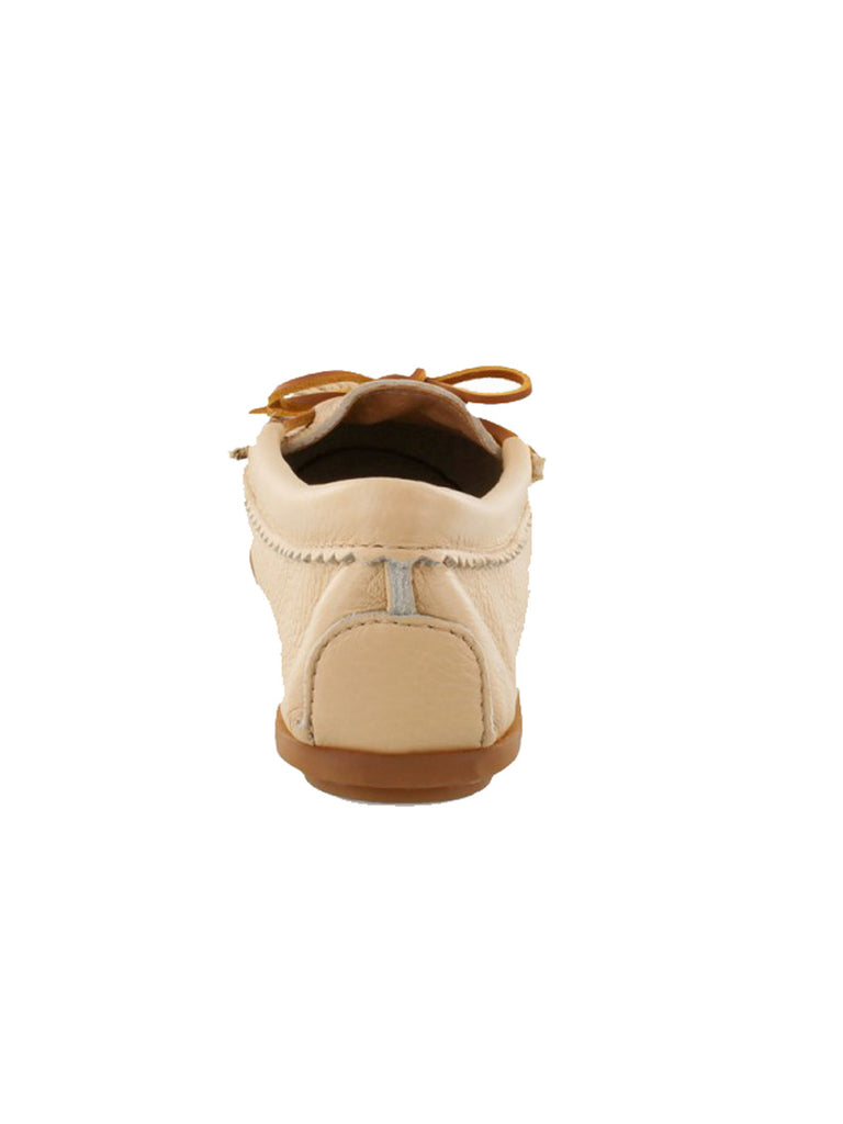 Minnetonka 57 Womens Deerskin Beaded Moccasin Champagne side front view. If you need any assistance with this item or the purchase of this item please call us at five six one seven four eight eight eight zero one Monday through Saturday 10:00a.m EST to 8:00 p.m EST