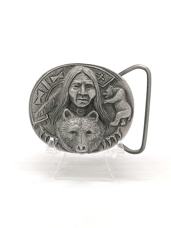 Spec Cast 5727 Bear Warrior Small Solid Pewter Belt Buckle front view. If you need any assistance with this item or the purchase of this item please call us at five six one seven four eight eight eight zero one Monday through Saturday 10:00a.m EST to 8:00 p.m EST