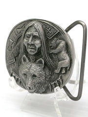 Spec Cast 5727 Bear Warrior Small Solid Pewter Belt Buckle  front and side close up view. If you need any assistance with this item or the purchase of this item please call us at five six one seven four eight eight eight zero one Monday through Saturday 10:00a.m EST to 8:00 p.m EST