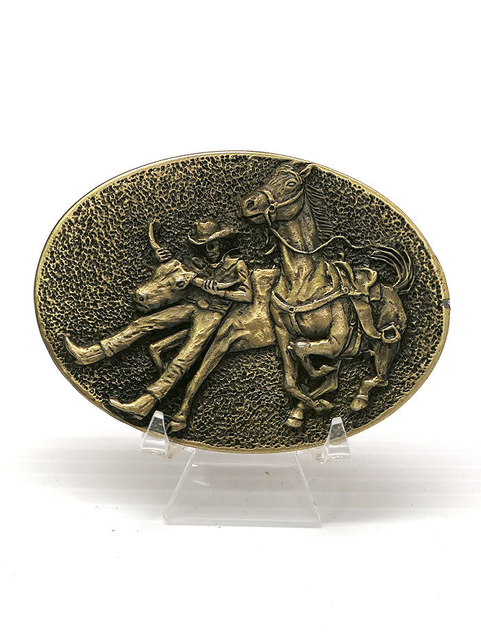 Colorado Silver Star 5783-B Bulldogger Oval Belt Buckle Brass front view. If you need any assistance with this item or the purchase of this item please call us at five six one seven four eight eight eight zero one Monday through Saturday 10:00a.m EST to 8:00 p.m EST