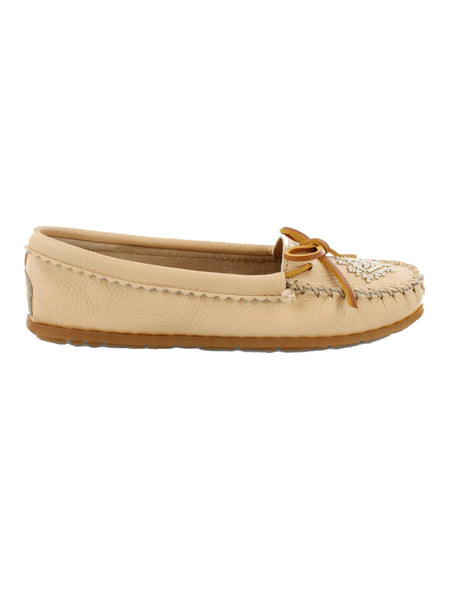 Minnetonka 57 Womens Deerskin Beaded Moccasin Champagne right side view. If you need any assistance with this item or the purchase of this item please call us at five six one seven four eight eight eight zero one Monday through Saturday 10:00a.m EST to 8:00 p.m EST