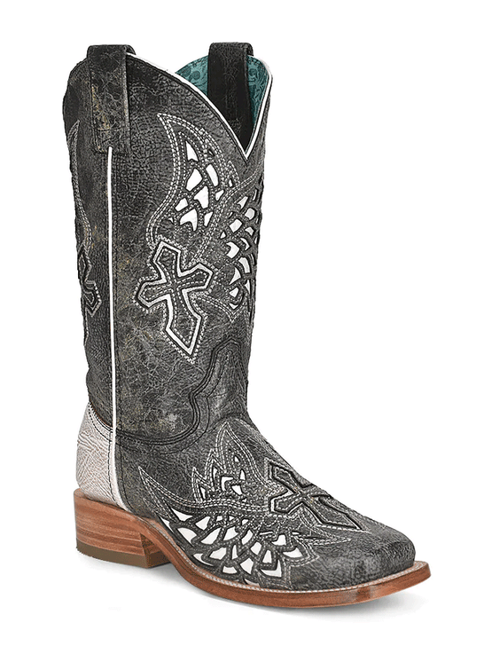 Corral A4333 Ladies Inlay And Embroidery Square Toe Western Boot Black And White side and front view. If you need any assistance with this item or the purchase of this item please call us at five six one seven four eight eight eight zero one Monday through Saturday 10:00a.m EST to 8:00 p.m EST