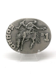 Spec Cast 5812 Rodeo #1 Solid Pewter Belt Buckle front view. If you need any assistance with this item or the purchase of this item please call us at five six one seven four eight eight eight zero one Monday through Saturday 10:00a.m EST to 8:00 p.m EST