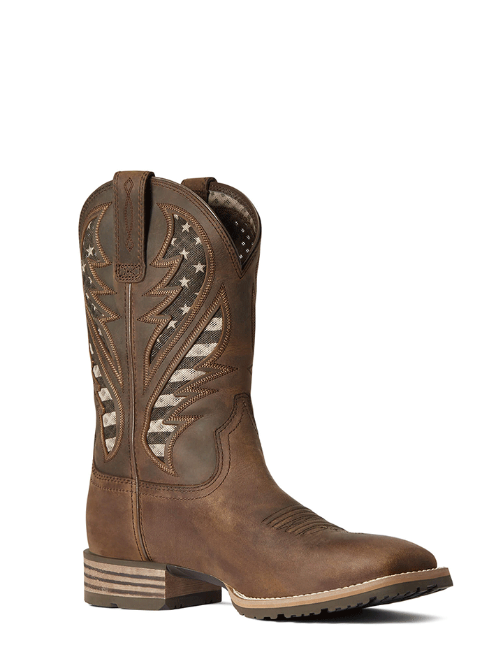 Ariat 10038340 Mens Hybrid VentTEK Western Boot American Flag Distressed Brown front-side view. If you need any assistance with this item or the purchase of this item please call us at five six one seven four eight eight eight zero one Monday through Saturday 10:00a.m EST to 8:00 p.m EST
