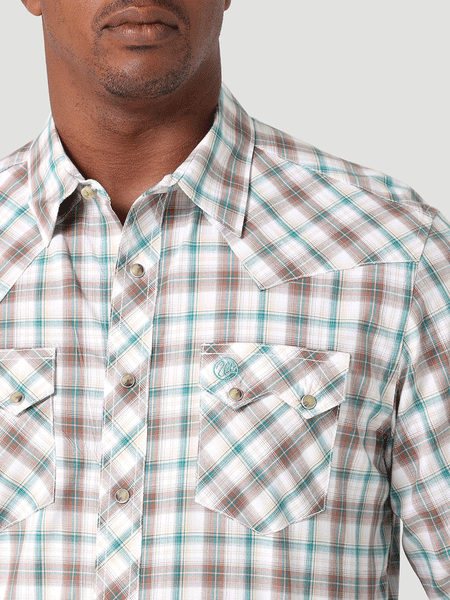 Wrangler 112317120 Mens Retro Long Sleeve Plaid Shirt Greenhouse front pocket close up. If you need any assistance with this item or the purchase of this item please call us at five six one seven four eight eight eight zero one Monday through Saturday 10:00a.m EST to 8:00 p.m EST