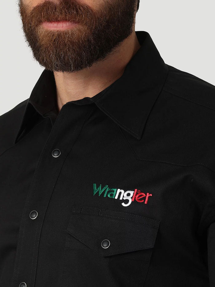 Wrangler 112317124 Mens Mexico Flag Logo Snap Shirt Black front view. If you need any assistance with this item or the purchase of this item please call us at five six one seven four eight eight eight zero one Monday through Saturday 10:00a.m EST to 8:00 p.m EST