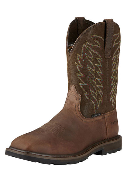 Ariat 10021108 Mens Groundbreaker Wide Square Toe Steel Toe Work Boots Brown side and front view. If you need any assistance with this item or the purchase of this item please call us at five six one seven four eight eight eight zero one Monday through Saturday 10:00a.m EST to 8:00 p.m EST