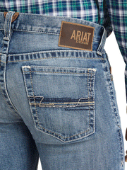 Ariat 10043188 Mens M7 Slim Stowell Straight Jean Poplar back pocket close up. If you need any assistance with this item or the purchase of this item please call us at five six one seven four eight eight eight zero one Monday through Saturday 10:00a.m EST to 8:00 p.m EST