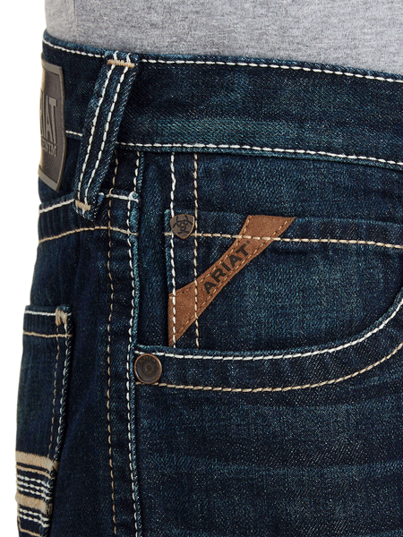 Ariat 10043189 Mens M5 Straight Winfield Straight Jean Roadhouse front pocket close up. If you need any assistance with this item or the purchase of this item please call us at five six one seven four eight eight eight zero one Monday through Saturday 10:00a.m EST to 8:00 p.m EST