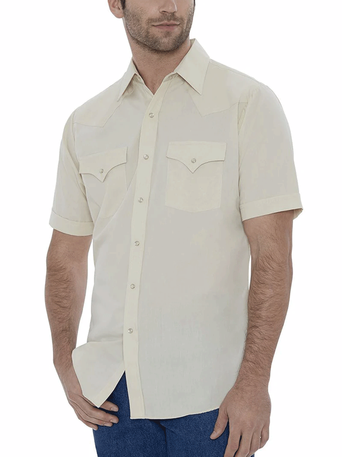 Ely Cattleman 15201605-23 Mens Short Sleeve Solid Western Shirt Ecru front view tucked in. If you need any assistance with this item or the purchase of this item please call us at five six one seven four eight eight eight zero one Monday through Saturday 10:00a.m EST to 8:00 p.m EST