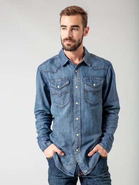 Kimes Ranch GRIMES Mens Long Sleeve Snap Denim Shirt Dark Indigo front view. If you need any assistance with this item or the purchase of this item please call us at five six one seven four eight eight eight zero one Monday through Saturday 10:00a.m EST to 8:00 p.m EST