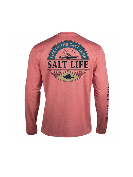 Salt Life SLM6227 Mens DEEP SEA CRUISIN Long Sleeve Tee Airy Burnt Coral Heather back view. If you need any assistance with this item or the purchase of this item please call us at five six one seven four eight eight eight zero one Monday through Saturday 10:00a.m EST to 8:00 p.m EST