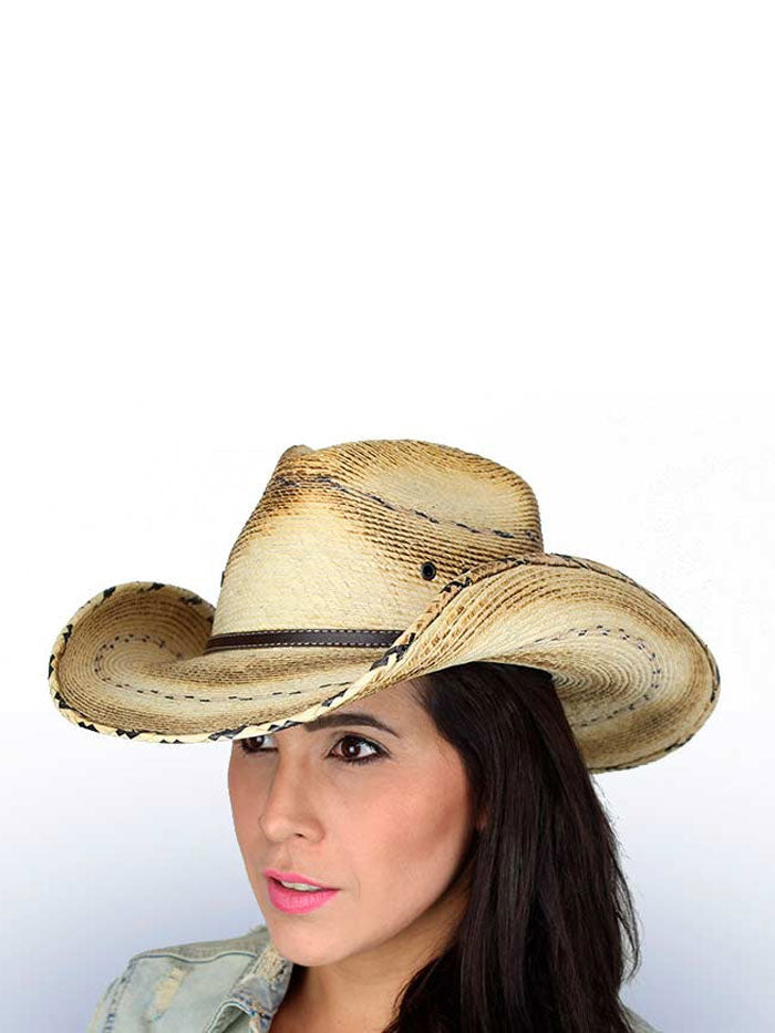 Dallas Hats  HOOEY Patterned Palm Leaf Hat With Leather Band Natural front / side view. If you need any assistance with this item or the purchase of this item please call us at five six one seven four eight eight eight zero one Monday through Saturday 10:00a.m EST to 8:00 p.m EST